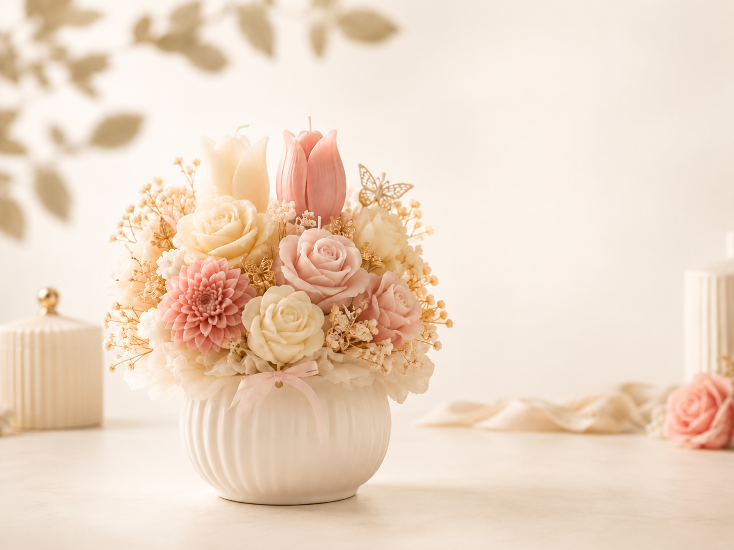 Handcrafted floral candle centerpiece by Candles by Lene