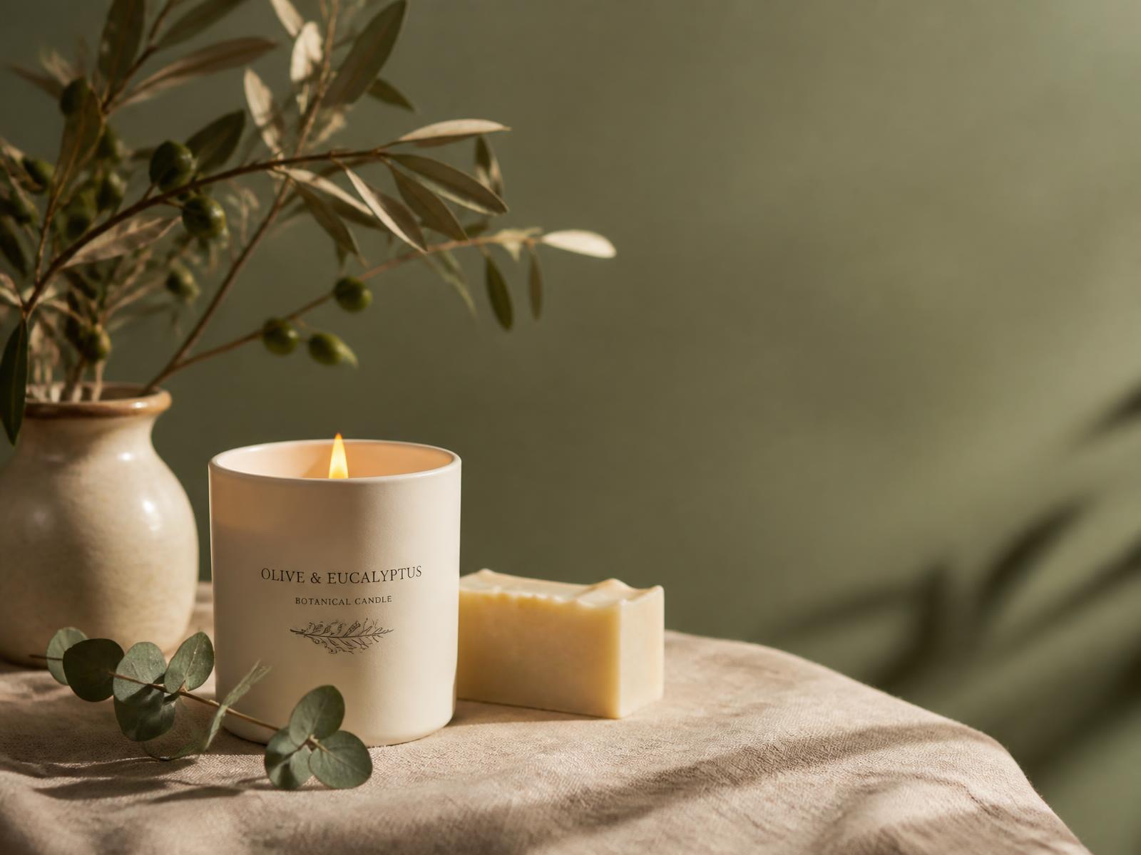 Cream botanical candle beside a hand-cut soap bar and olive branches on warm linen